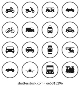 Set Of 16 Shipping Icons Set.Collection Of Hatchback, Truck, Wagon And Other Elements.