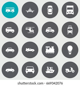 Set Of 16 Shipping Icons Set.Collection Of Wagon, Streetcar, Taxicab And Other Elements.
