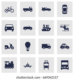 Set Of 16 Shipping Icons Set.Collection Of Taxicab, Boat, Airship And Other Elements.