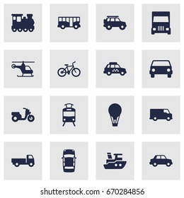 Set Of 16 Shipping Icons Set.Collection Of Hatchback, Caravan, Panorama And Other Elements.