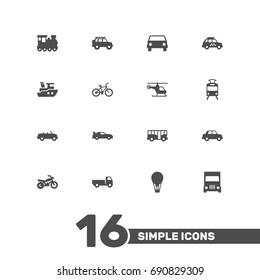Set Of 16 Shipping Icons Set.Collection Of Streetcar, Copter, Wagon And Other Elements.