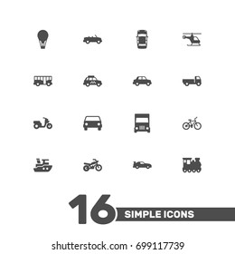 Set Of 16 Shipping Icons Set.Collection Of Taxicab, Side View, Bicycle And Other Elements.
