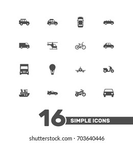 Set Of 16 Shipping Icons Set.Collection Of Hatchback, Panorama, Truck And Other Elements.