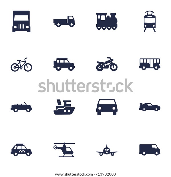 Set Of 16 Shipping Icons Set.Collection\
Of Lorry, Car, Taxicab And Other\
Elements.