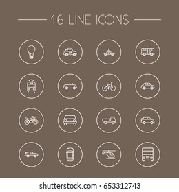 Set Of 16 Shipping Outline Icons Set.Collection Of Tram, Lorry, Motorcycle And Other Elements.
