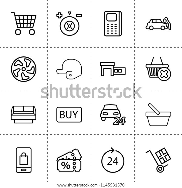 Set of 16 shop\
outline icons such as wheel balance, alloy wheel, car service, 24/7\
car service, car repair, shopping bucket, 24 hours, store window,\
buy button, pos terminal