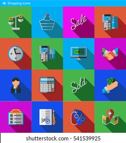 Set of 16 shopping vector flat icons in material style
