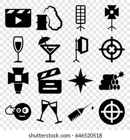 Set Of 16 Shot Filled Icons Such As Head Bang Emot, Movie Clapper, Injection Rash, Wine Glass, Soft Box, Cocktail, Dynamite, Explosion, Smoking Can