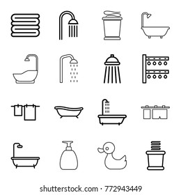 Set of 16 shower outline icons such as shower, towels, cloth hanging, irrigation system, bath, duck