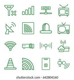 set of 16 signal outline icons such as cone, siren, tv, wi-fi, door ringer, satellite, router, camera