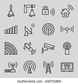  set of 16 signal outline icons such as signal, satellite, tv, bell, security lock, security camera, router, home connection