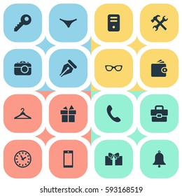 Set Of 16 Simple Accessories Icons. Can Be Found Such Elements As Ring, Mobile Phone, Hanger And Other.