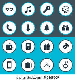 Set Of 16 Simple Accessories Icons. Can Be Found Such Elements As Time, Eyeglasses, Mobile Phone And Other.