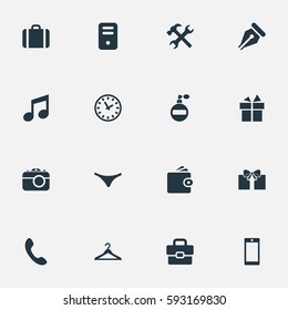 Set Of 16 Simple Accessories Icons. Can Be Found Such Elements As Business Bag, Ink Pencil, Time And Other.