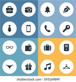 Set Of 16 Simple Accessories Icons. Can Be Found Such Elements As Music, Business Bag, Eyeglasses And Other.