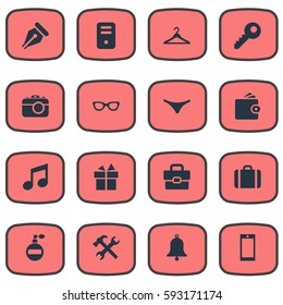 Set Of 16 Simple Accessories Icons. Can Be Found Such Elements As System Unit, Business Bag, Password And Other.