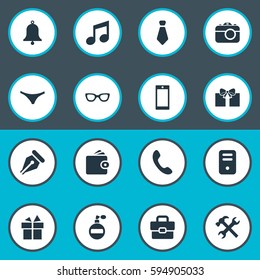 Set Of 16 Simple Accessories Icons. Can Be Found Such Elements As Gift, Business Bag, Ink Pencil And Other.