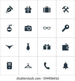 Set Of 16 Simple Accessories Icons. Can Be Found Such Elements As Underwear, Gift, Present And Other.