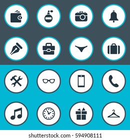 Set Of 16 Simple Accessories Icons. Can Be Found Such Elements As Time, Digital Camera, Ring And Other.