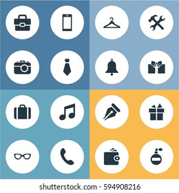 Set Of 16 Simple Accessories Icons. Can Be Found Such Elements As Call Button, Business Bag, Eyeglasses And Other.