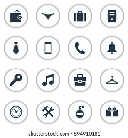 Set Of 16 Simple Accessories Icons. Can Be Found Such Elements As Gift, Cravat, Hanger And Other.