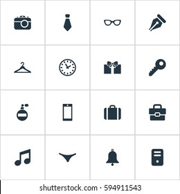 Set Of 16 Simple Accessories Icons. Can Be Found Such Elements As Hanger, Cravat, Mobile Phone And Other.