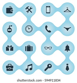 Set Of 16 Simple Accessories Icons. Can Be Found Such Elements As Mobile Phone, Billfold, Cravat And Other.