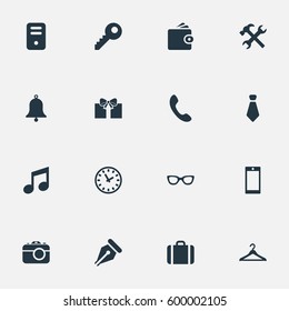 Set Of 16 Simple Accessories Icons. Can Be Found Such Elements As Call Button, Briefcase, Time And Other.