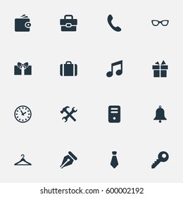 Set Of 16 Simple Accessories Icons. Can Be Found Such Elements As Present, Ring, Repair And Other.