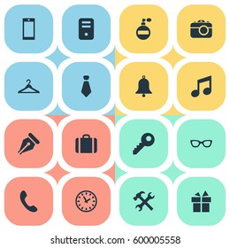 Set Of 16 Simple Accessories Icons. Can Be Found Such Elements As Hanger, Present, Cravat And Other.