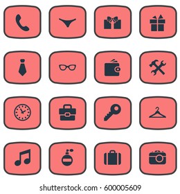 Set Of 16 Simple Accessories Icons. Can Be Found Such Elements As Underwear, Cravat, Business Bag And Other.