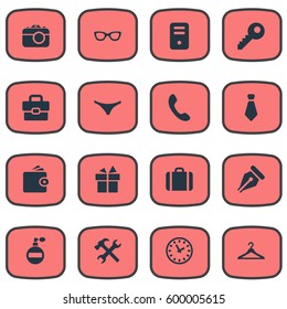 Set Of 16 Simple Accessories Icons. Can Be Found Such Elements As Billfold, Fragrance, Cravat And Other.