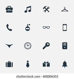 Set Of 16 Simple Accessories Icons. Can Be Found Such Elements As Repair, Gift, System Unit And Other.