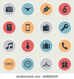 Set Of 16 Simple Accessories Icons. Can Be Found Such Elements As Underwear, Billfold, Music And Other.