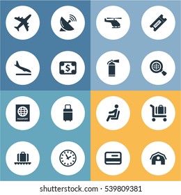 Set Of 16 Simple Airport Icons. Can Be Found Such Elements As Seat, Alighting Plane, Currency And Other.