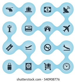 Set Of 16 Simple Airport Icons. Can Be Found Such Elements As Antenna, Certificate Of Citizenship, Luggage Carousel And Other.