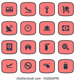 Set Of 16 Simple Airport Icons. Can Be Found Such Elements As Protection Tool, Garage, Takeoff And Other.