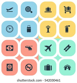 Set Of 16 Simple Airport Icons. Can Be Found Such Elements As Garage, Global Research, Certificate Of Citizenship And Other.