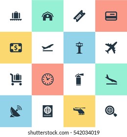 Set Of 16 Simple Airport Icons. Can Be Found Such Elements As Currency, Baggage Cart, Luggage Carousel And Other.
