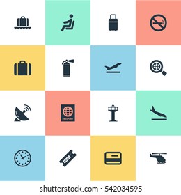 Set Of 16 Simple Airport Icons. Can Be Found Such Elements As Antenna, Alighting Plane, Air Transport And Other.