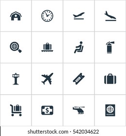 Set Of 16 Simple Airport Icons. Can Be Found Such Elements As Alighting Plane, Protection Tool, Handbag.