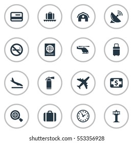 Set Of 16 Simple Airport Icons. Can Be Found Such Elements As Air Transport, Watch, Alighting Plane And Other.