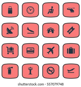 Set Of 16 Simple Airport Icons. Can Be Found Such Elements As Travel Bag, Garage, Protection Tool And Other.