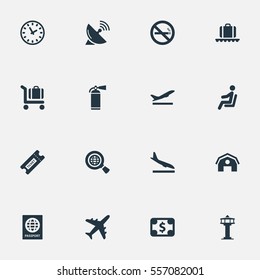 Set Of 16 Simple Airport Icons. Can Be Found Such Elements As Coupon, Flight Control Tower, Alighting Plane And Other.