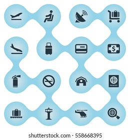 Set Of 16 Simple Airport Icons. Can Be Found Such Elements As Credit Card, Air Transport, Flight Control Tower And Other.