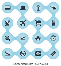 Set Of 16 Simple Airport Icons. Can Be Found Such Elements As Flight Control Tower, Credit Card, Garage And Other.