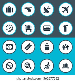 Set Of 16 Simple Airport Icons. Can Be Found Such Elements As Travel Bag, Currency, Protection Tool And Other.