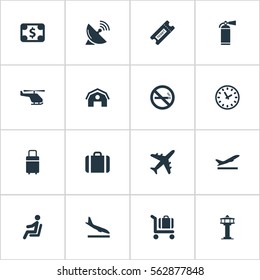 Set Of 16 Simple Airport Icons. Can Be Found Such Elements As Handbag, Watch , Cigarette Forbidden.