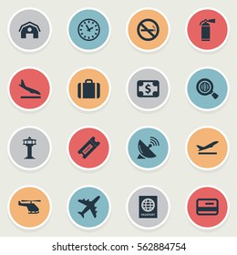 Set Of 16 Simple Airport Icons. Can Be Found Such Elements As Protection Tool, Cigarette Forbidden, Antenna And Other.