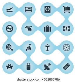 Set Of 16 Simple Airport Icons. Can Be Found Such Elements As Watch , Antenna , Handbag.